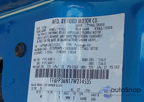 2007 Ford Focus Se/Ses из США, поврежденный, VIN 1FAFP36N17W214535